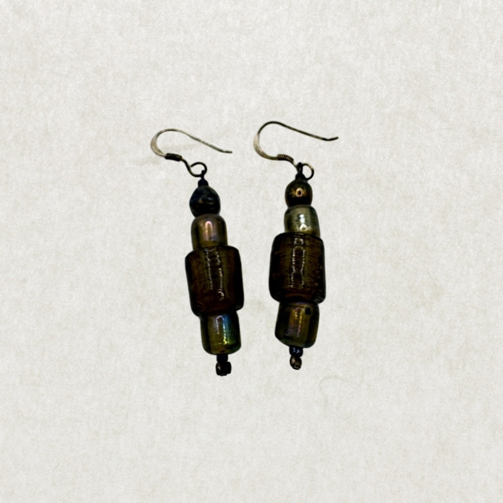 Vintage Sterling Silver Earrings with Iridescent Art Glass Beads